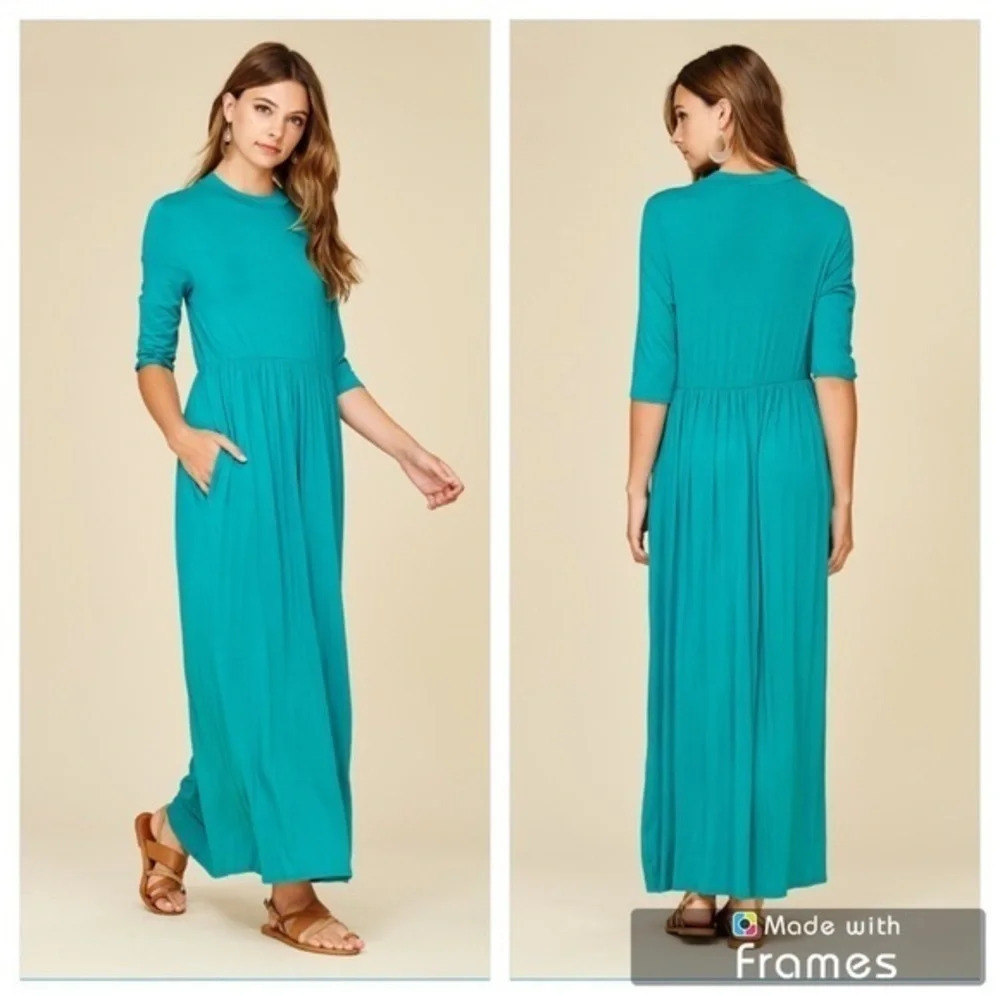 NWT annabelle boutique Turquoise maxi dress 3/4 sleeve side pockets minimalist
